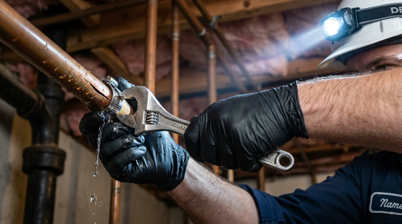 Emergency pipe clamp repair being performed by a Johns Plumbing LLC plumber in Bemidji
