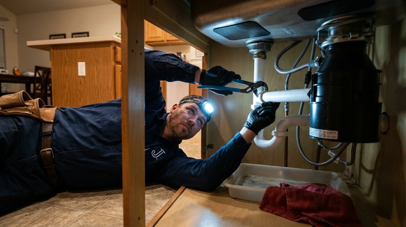 P-trap and supply line connections under a kitchen sink showing a common leak point in Bemidji, MN